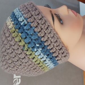 New Handmade Crochet Beanie | Taupe Blue Stripe | Cozy Winter Hat
